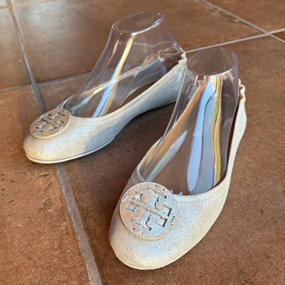 Tory Burch "Minnie" Leather Travel Ballet Flats w Metallic Silver Finish size 8 - Picture 12 of 15
